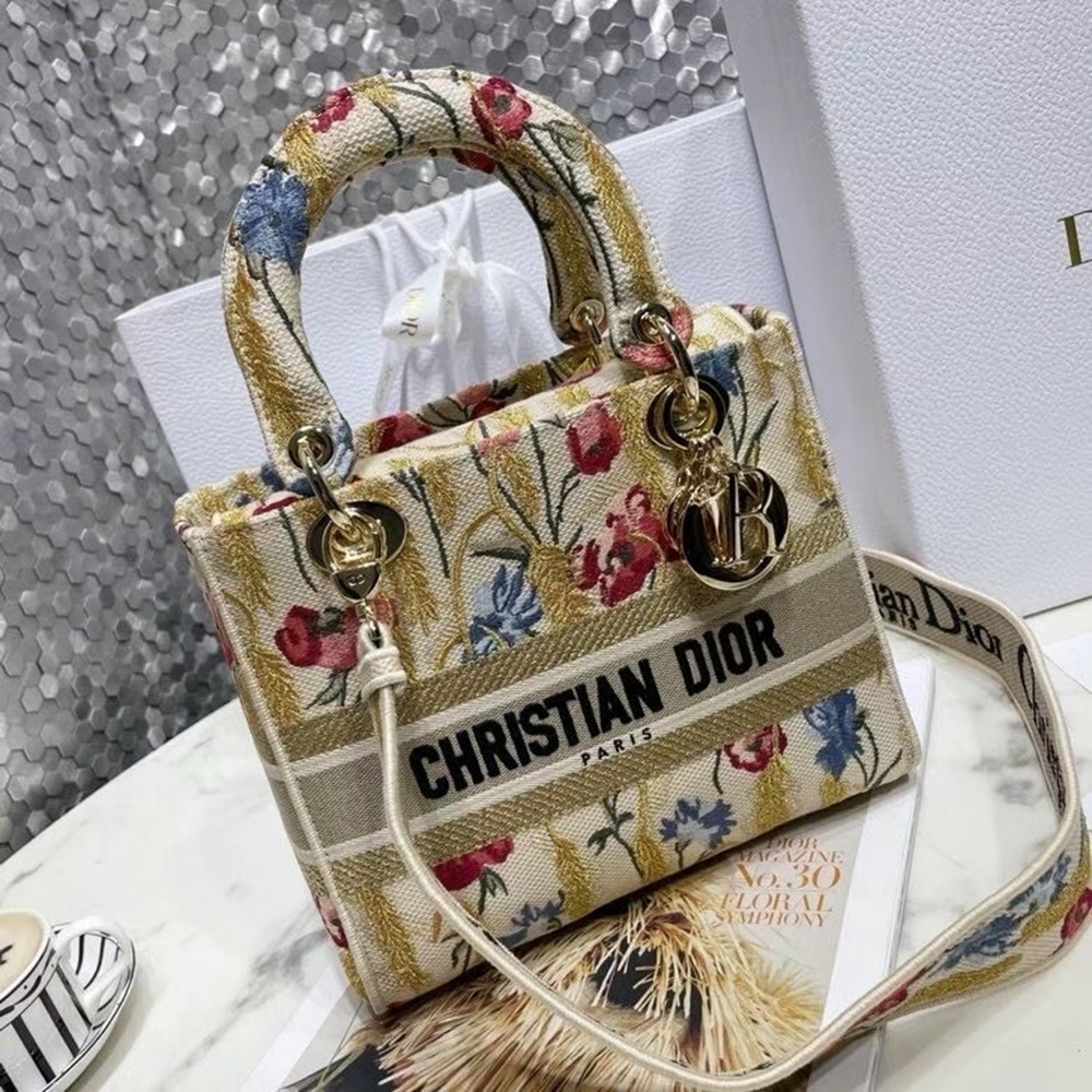 Dior Medium Lady D-Lite Hibiscus Metallic Thread Embroidery Bag CDBS2573