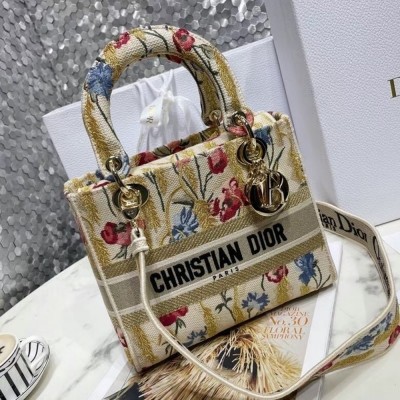 Dior Medium Lady D-Lite Hibiscus Metallic Thread Embroidery Bag CDBS2573