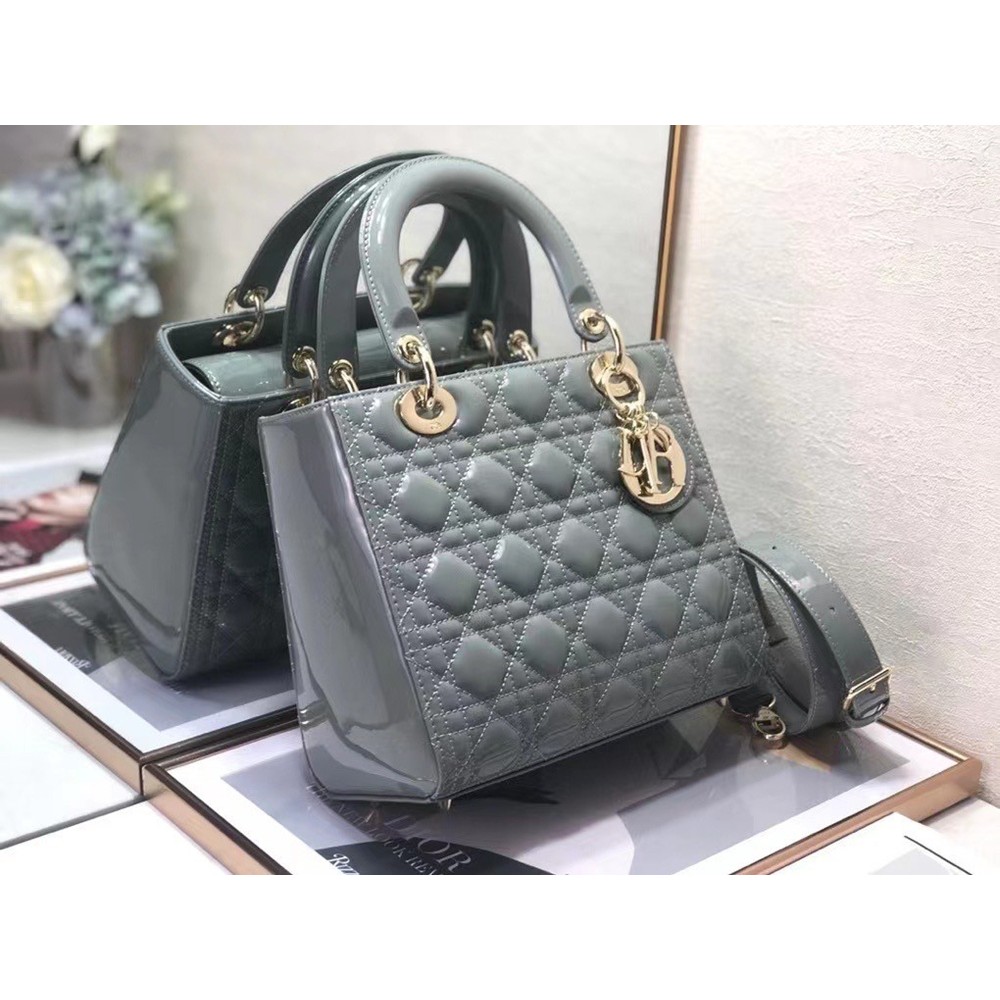 Dior Medium Lady Dior Bag In Grey Patent Cannage Calfskin CDBS2501