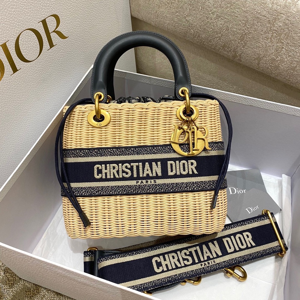 Dior Medium Lady Dior Bag In Wicker and Blue Oblique Jacquard CDBS2518