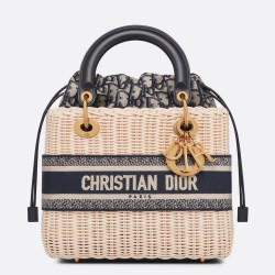 Dior Medium Lady Dior Bag In Wicker and Blue Oblique Jacquard CDBS2518