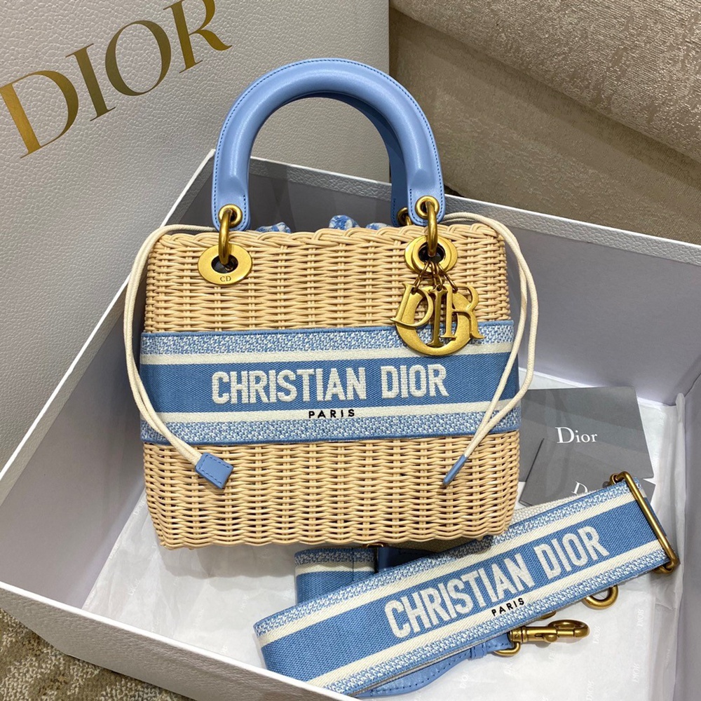 Dior Medium Lady Dior Bag In Wicker and Light Blue Oblique Jacquard CDBS2519