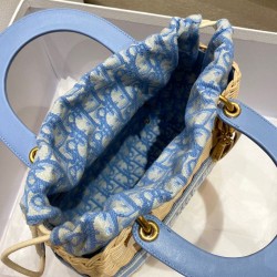 Dior Medium Lady Dior Bag In Wicker and Light Blue Oblique Jacquard CDBS2519