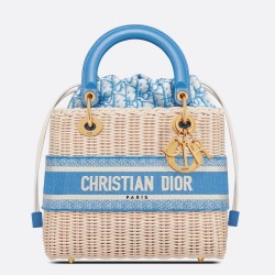 Dior Medium Lady Dior Bag In Wicker and Light Blue Oblique Jacquard CDBS2519