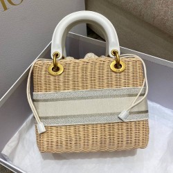 Dior Medium Lady Dior Bag In Wicker and White Oblique Jacquard CDBS2520