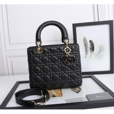 Dior Medium Lady Dior Bag With Enamel Charm In Black Lambskin CDBS2523