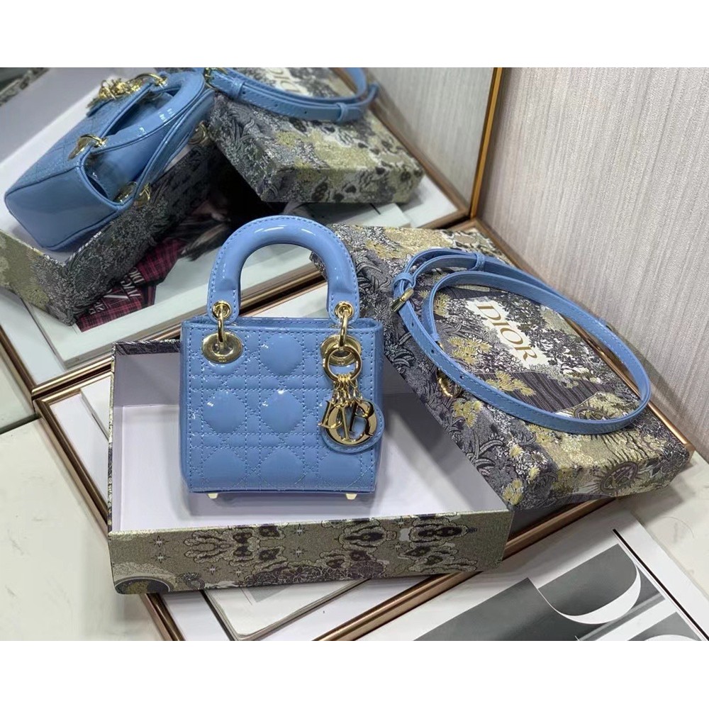 Dior Micro Lady Dior Bag In Blue Patent Calfskin CDBS2598