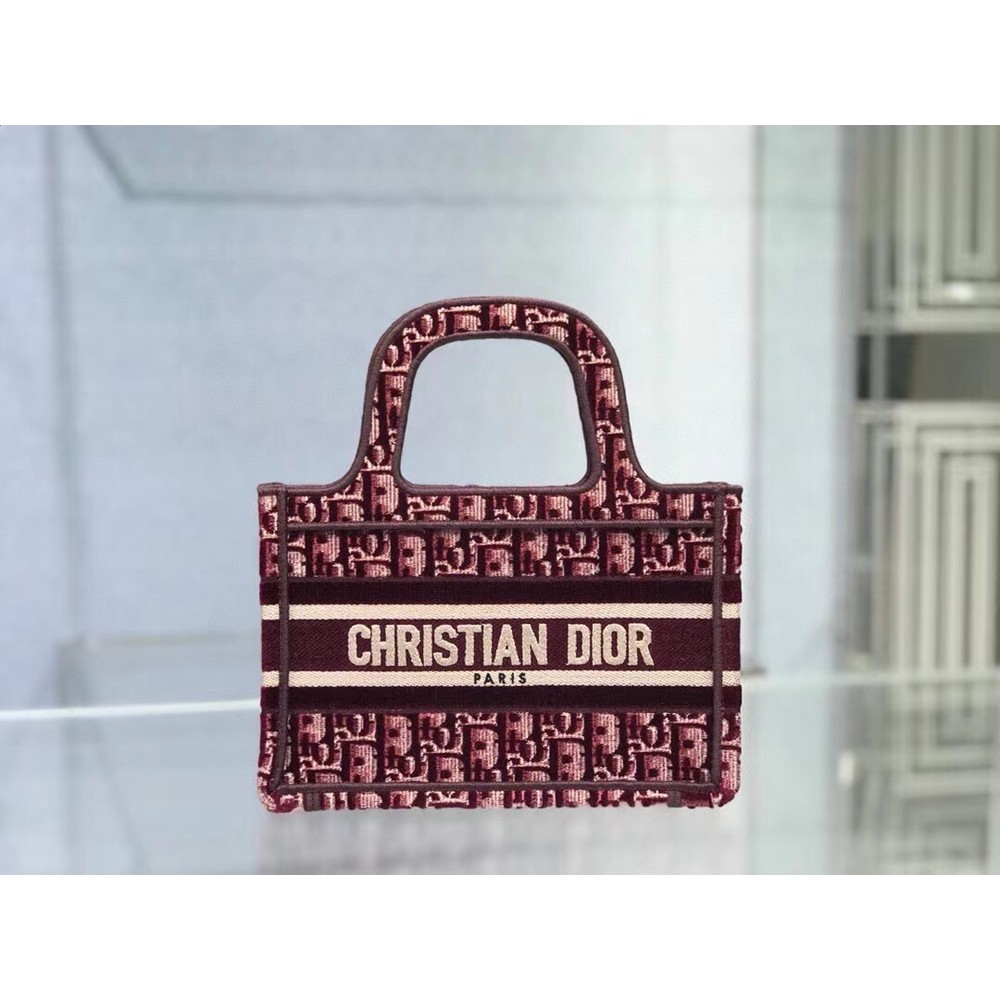 Dior Mini Book Tote Bag In Bordeaux Oblique Embroidered Velvet CDBS2610