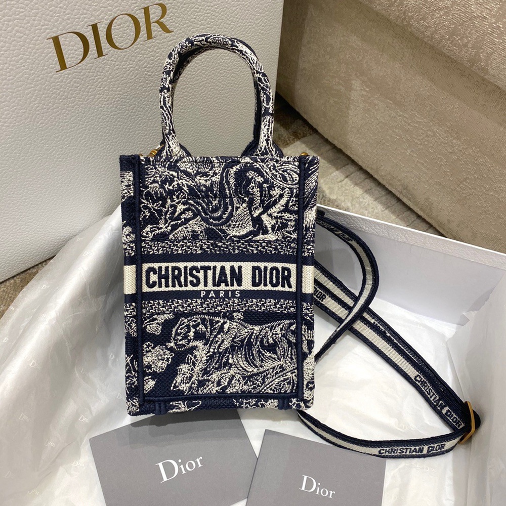 Dior Mini Book Tote Phone Bag In Blue Toile de Jouy Reverse Embroidery CDBS2617