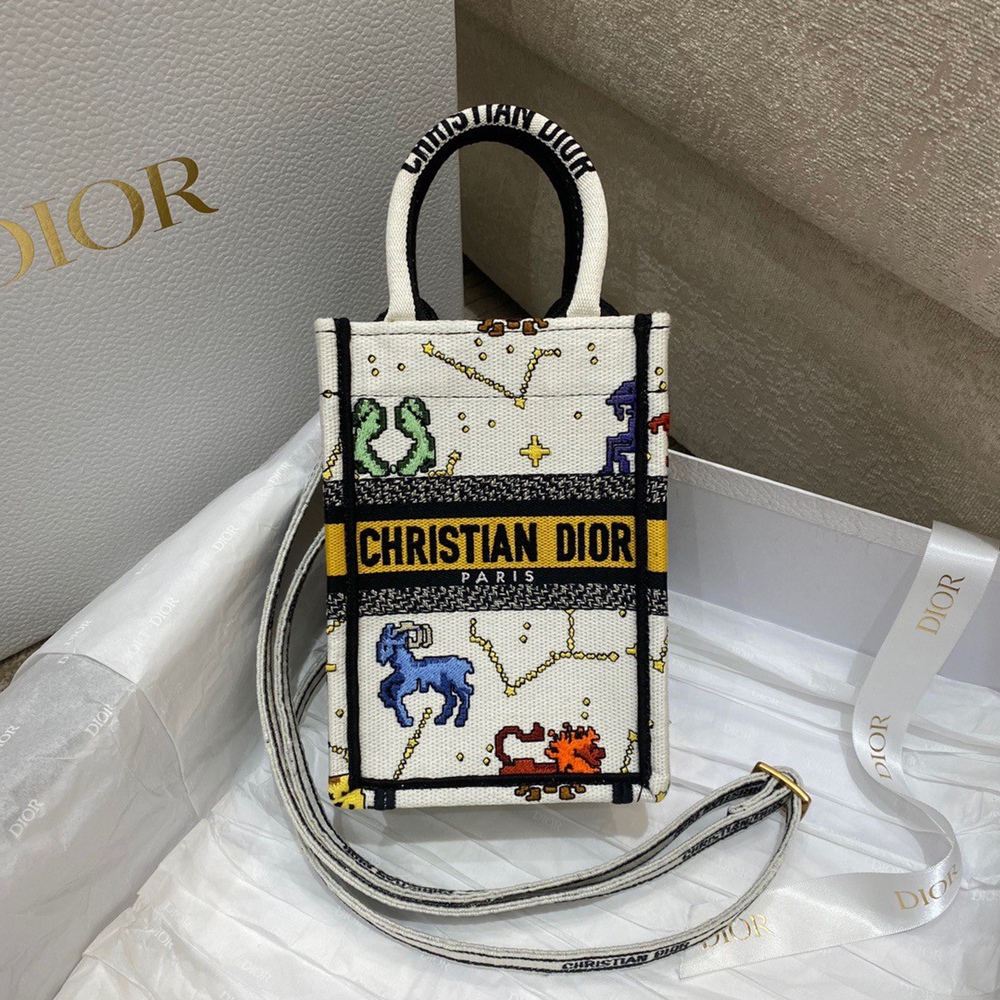 Dior Mini Book Tote Phone Bag In White Pixel Zodiac Embroidery CDBS2620