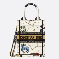 Dior Mini Book Tote Phone Bag In White Pixel Zodiac Embroidery CDBS2620