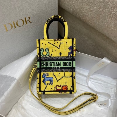 Dior Mini Book Tote Phone Bag In Yellow Pixel Zodiac Embroidery CDBS2621