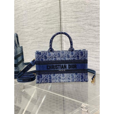 Dior Mini Book Tote With Strap in Blue Denim Oblique Jacquard CDBS2622