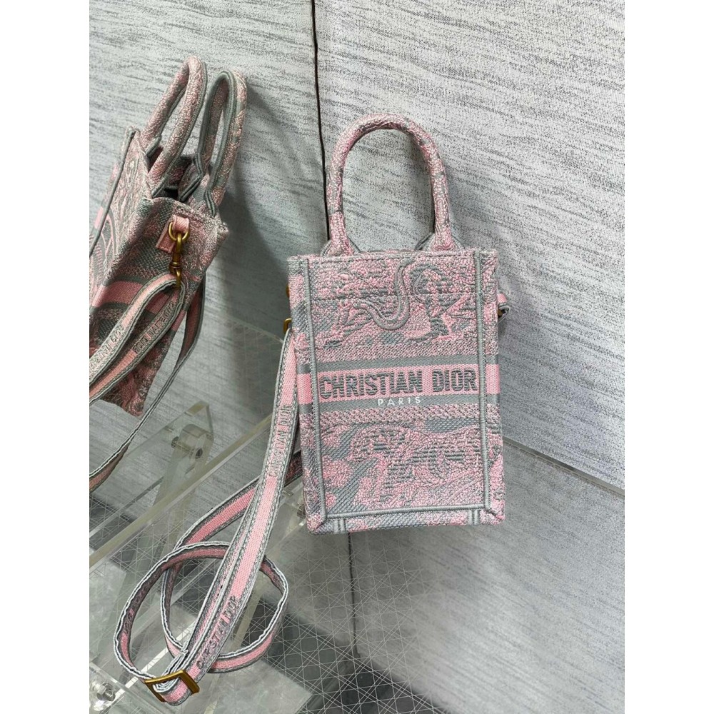 Dior Mini Dioriviera Book Tote Phone Bag In Pink Toile de Jouy Reverse Embroidery CDBS2627