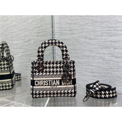 Dior Mini Lady D-Lite Bag In Black and White Houndstooth Embroidery CDBS2670