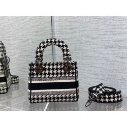 Dior Mini Lady D-Lite Bag In Black and White Houndstooth Embroidery CDBS2670