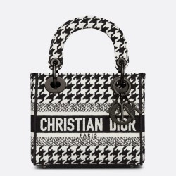 Dior Mini Lady D-Lite Bag In Black and White Houndstooth Embroidery CDBS2670