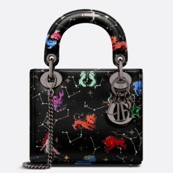 Dior Mini Lady Dior Bag In Black Calfskin With Pixel Zodiac Print CDBS2635