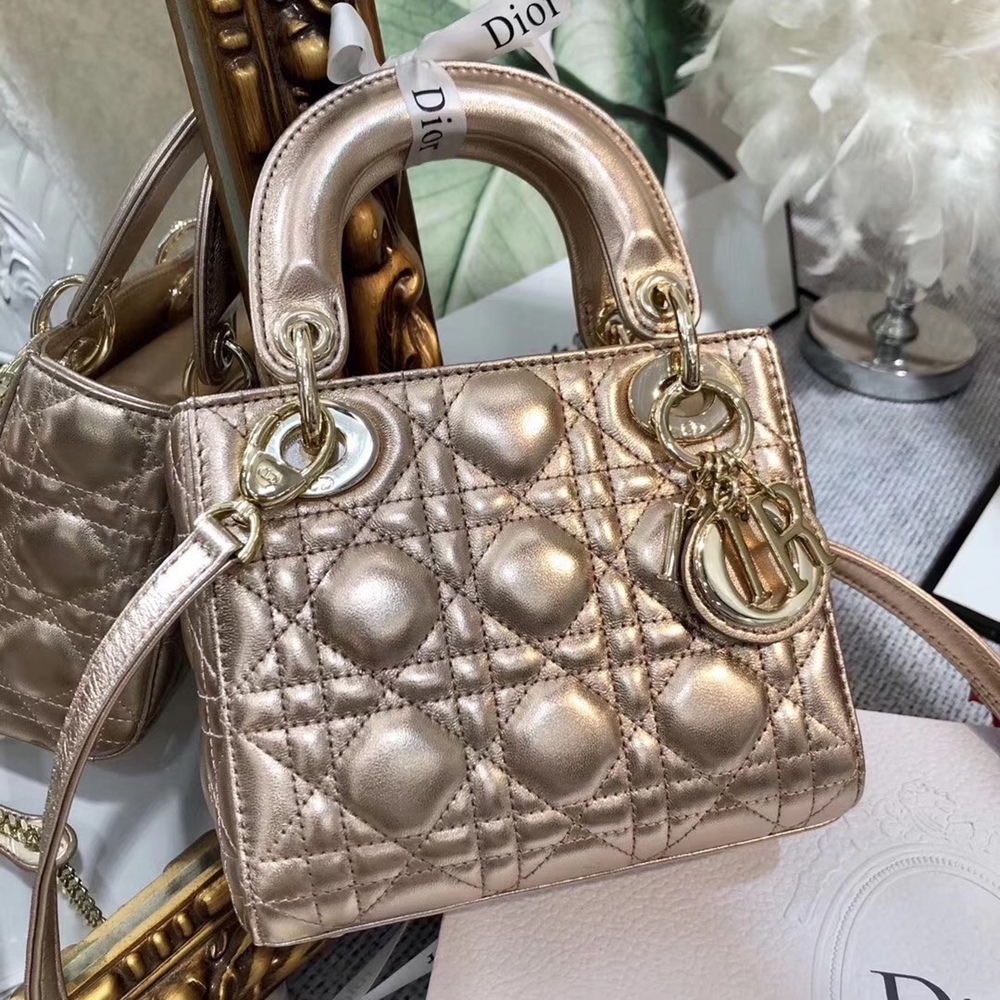 Dior Mini Lady Dior Bag In Gold Metallic Calfskin CDBS2643