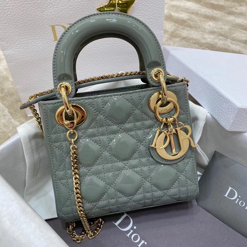 Dior Mini Lady Dior Bag In Grey Patent Calfskin CDBS2645