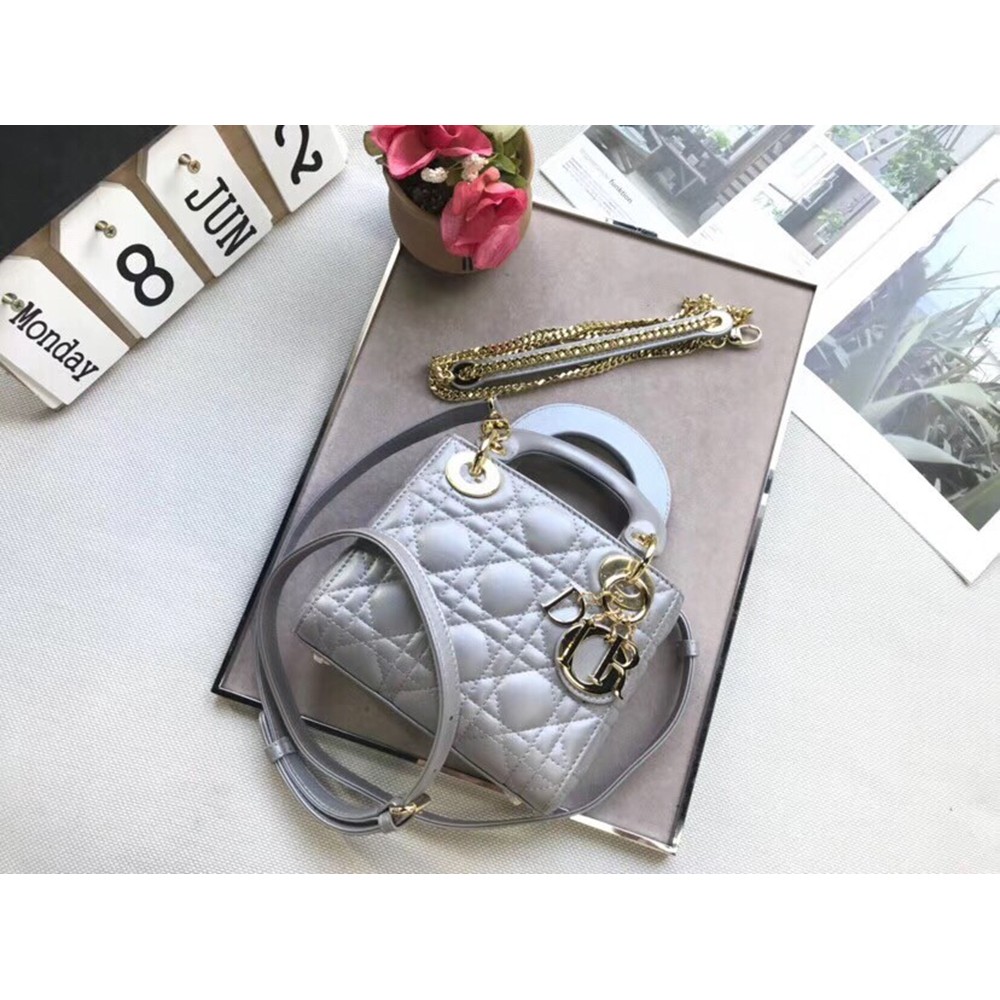 Dior Mini Lady Dior Bag In Grey Pearly Lambskin CDBS2646