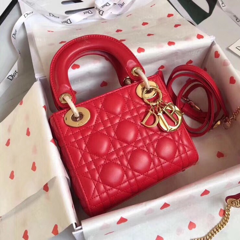 Dior Mini Lady Dior Bag In Red Lambskin CDBS2650