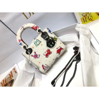 Dior Mini Lady Dior Bag In White Calfskin With Pixel Zodiac Print CDBS2653