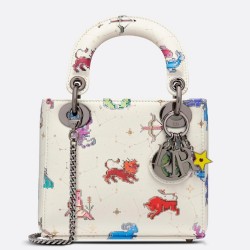 Dior Mini Lady Dior Bag In White Calfskin With Pixel Zodiac Print CDBS2653