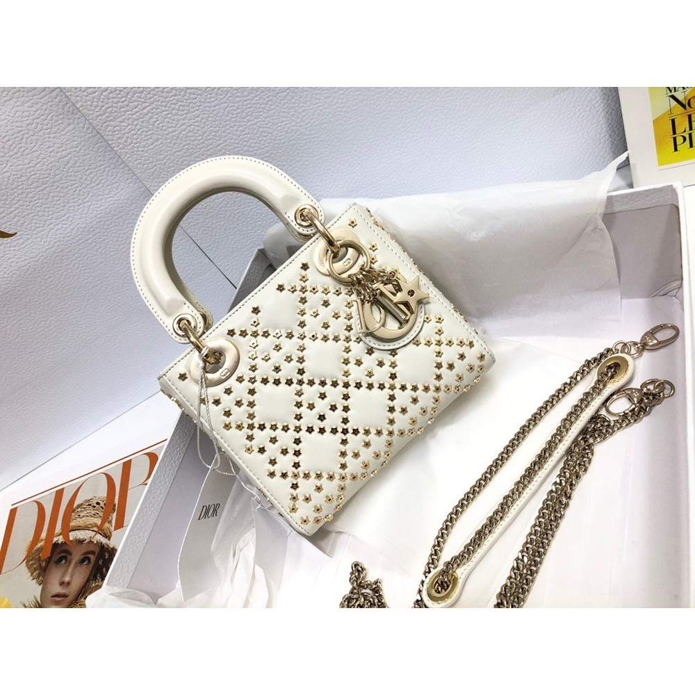 Dior Mini Lady Dior Bag In White Lambskin With Star Embroidery CDBS2655