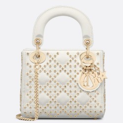 Dior Mini Lady Dior Bag In White Lambskin With Star Embroidery CDBS2655