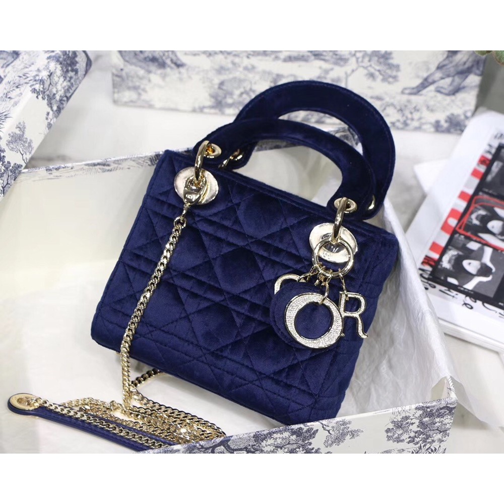 Dior Mini Lady Dior Chain Bag In Blue Velvet CDBS2659