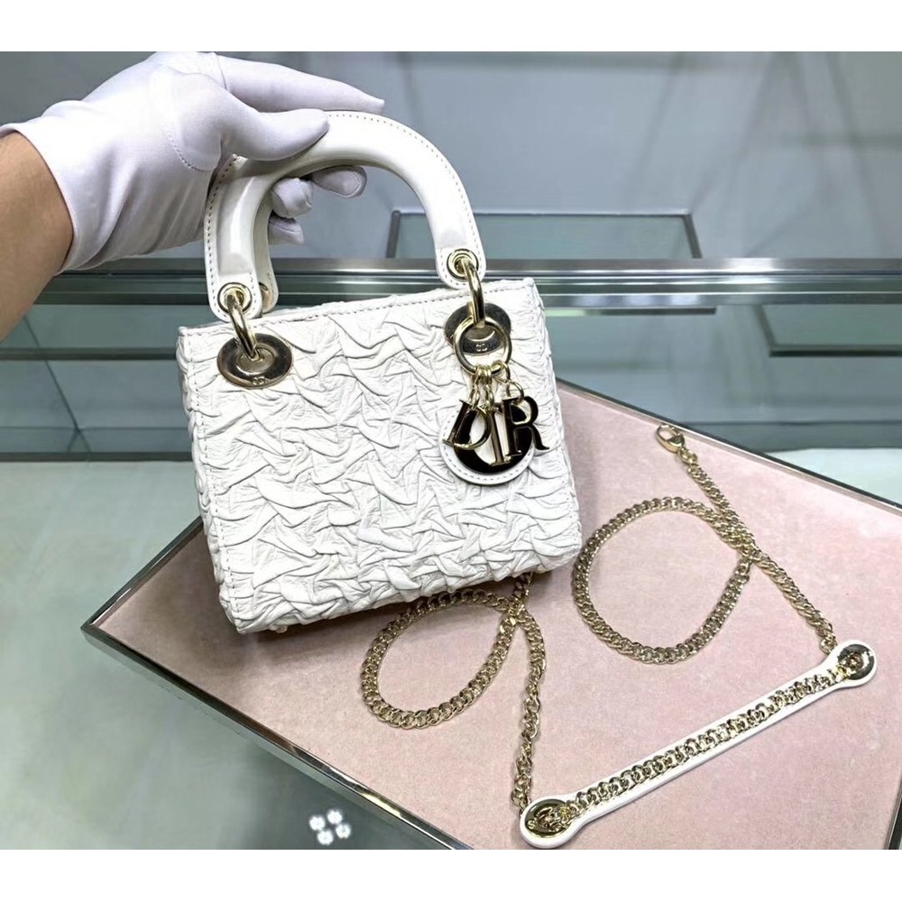 Dior Mini Lady Dior Chain Bag In White Wavy Crinkled Lambskin CDBS2660