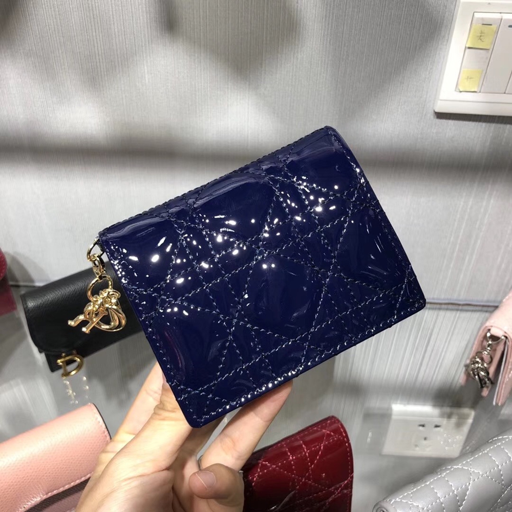 Dior Mini Lady Dior Wallet In Indigo Blue Patent Leather CDBS2664