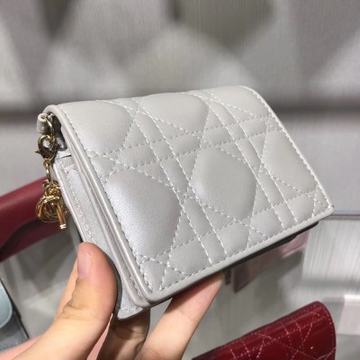 Dior Mini Lady Dior Wallet In Opal Grey Pearly Lambskin CDBS2666