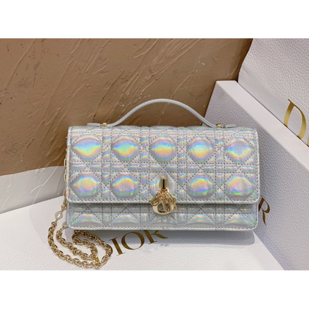 Dior Miss Dior Mini Bag In Iridescent Metallic Silver Lambskin CDBS2691