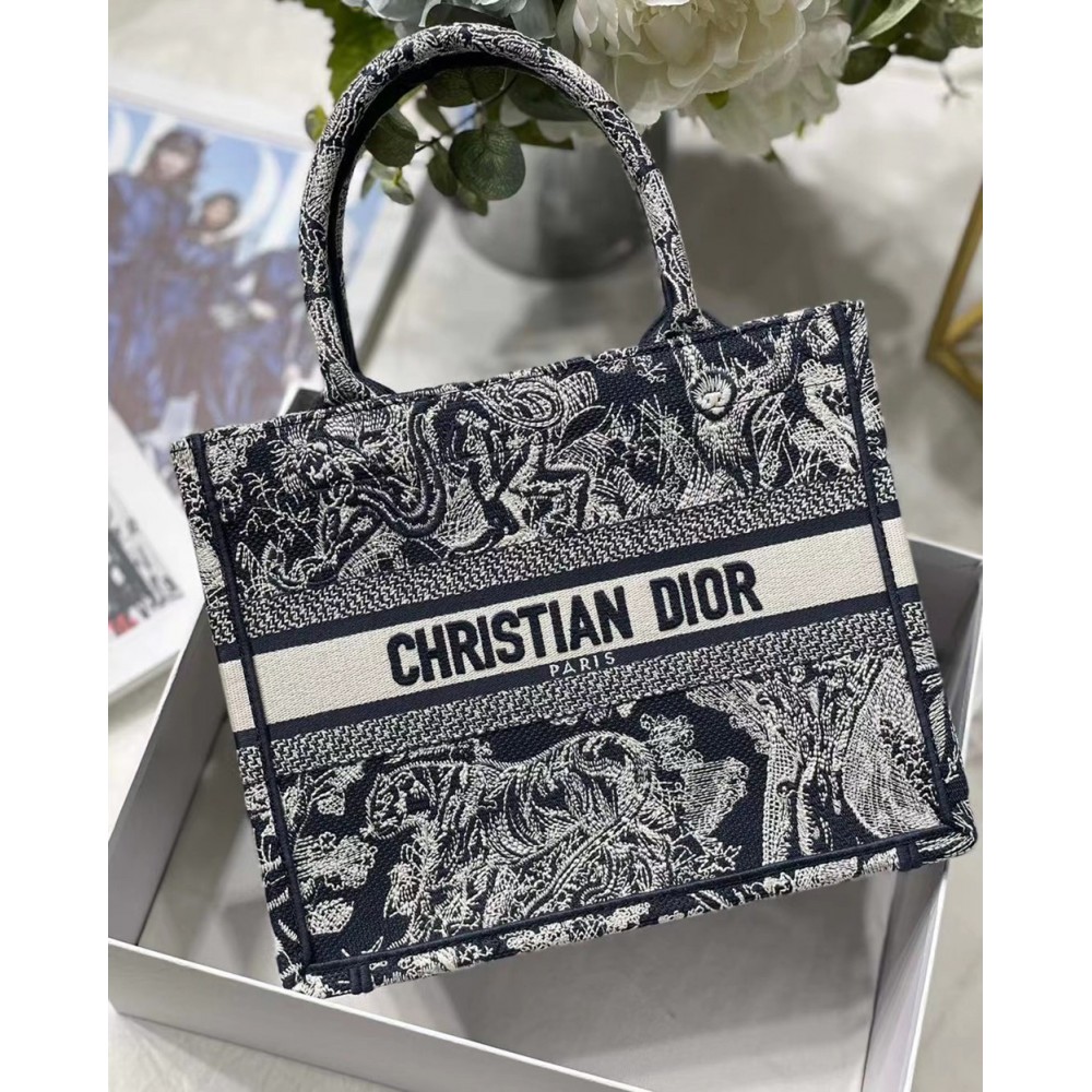 Dior New Small Book Tote In Blue Toile de Jouy Reverse Embroidery CDBS2707