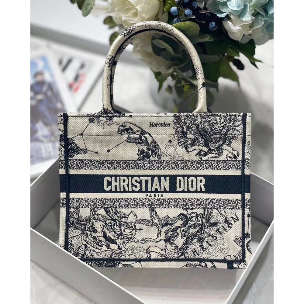 Dior New Small Book Tote In White Toile de Jouy Zodiac Embroidery CDBS2708