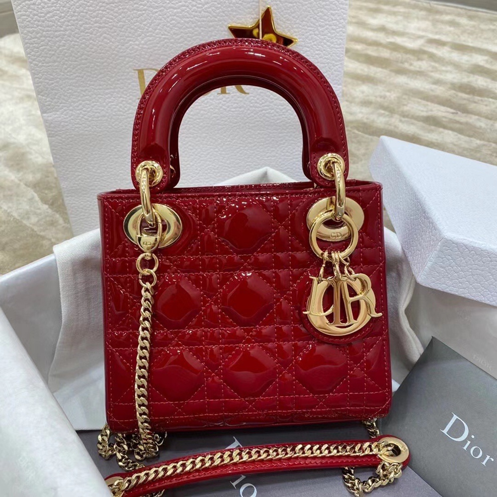 Dior Red Patent Mini Lady Dior Bag With Chain CDBS2716