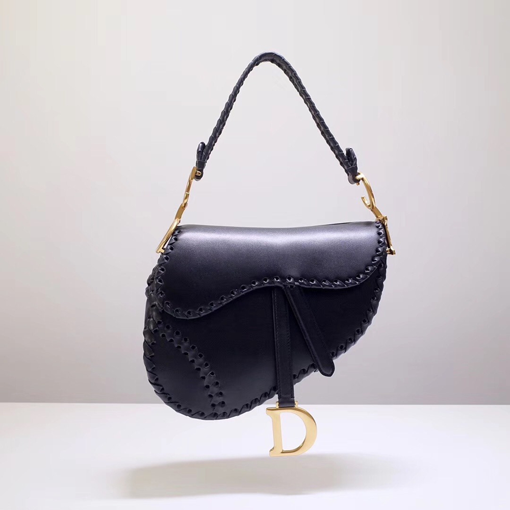 Dior Saddle Bag In Black Calfskin With Threaded Edges CDBS2721