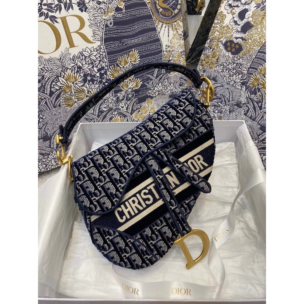 Dior Saddle Bag In Blue Dior Oblique Embroidered Velvet CDBS2726