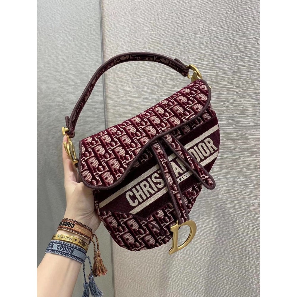 Dior Saddle Bag In Burgundy Dior Oblique Embroidered Velvet CDBS2738