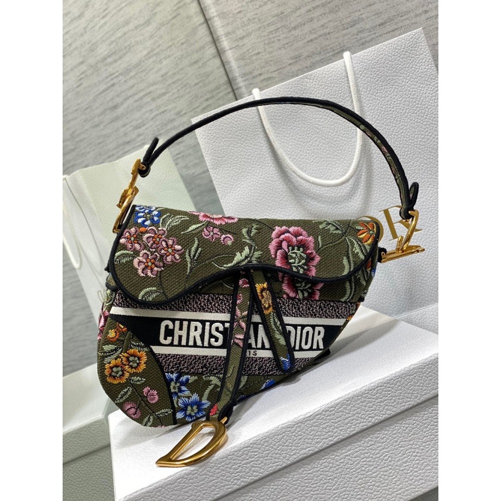 Dior Saddle Bag In Green Multicolor Dior Petites Fleurs Embroidery CDBS2749