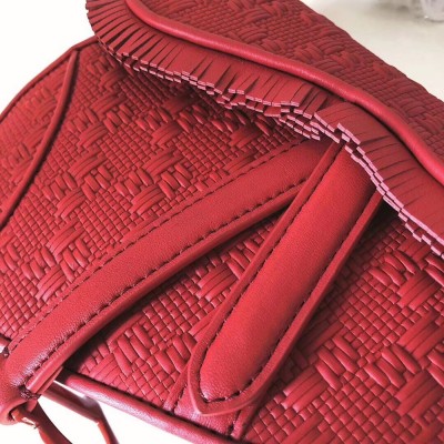 Dior Saddle Bag In Red Braided Leather Strips With Fringe CDBS2758