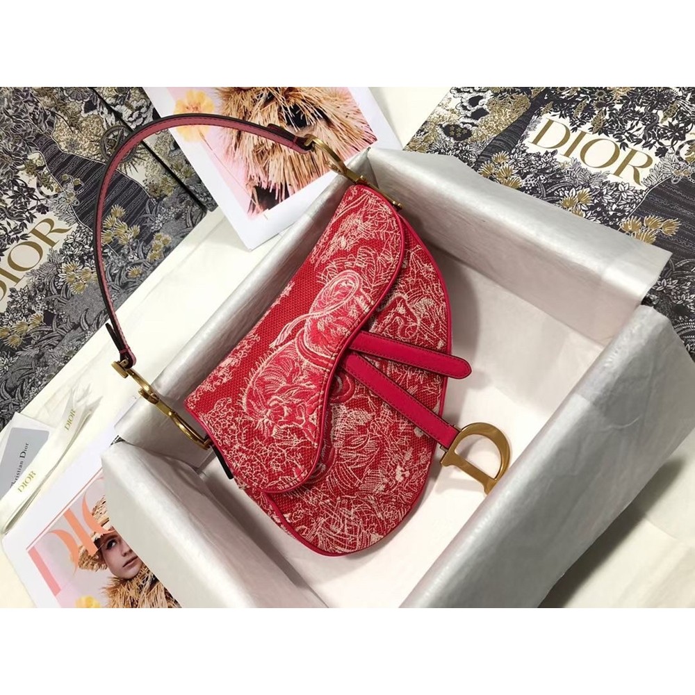 Dior Saddle Bag In Red Toile de Jouy Reverse Jacquard CDBS2760