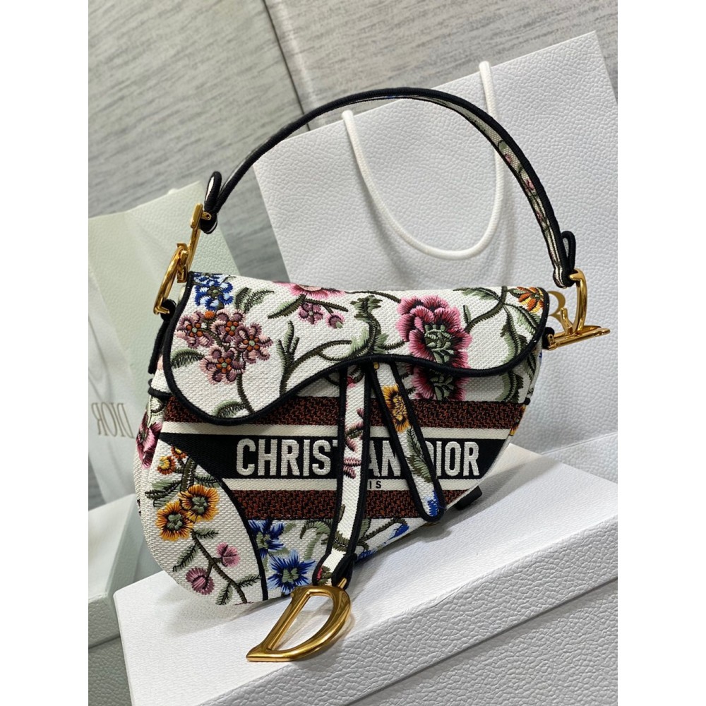 Dior Saddle Bag In White Multicolor Dior Petites Fleurs Embroidery CDBS2766