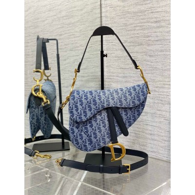 Dior Saddle Bag With Strap in Blue Denim Oblique Jacquard CDBS2768