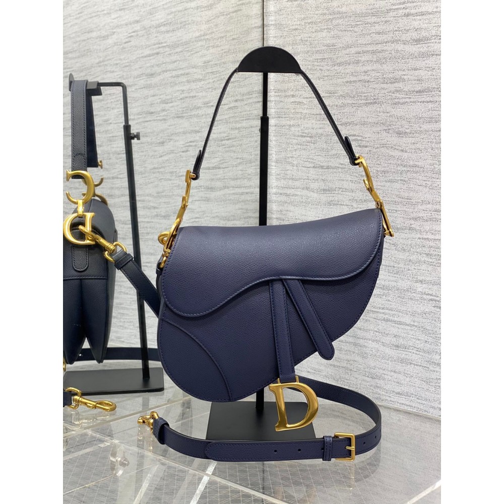 Dior Saddle Bag With Strap in Indigo Blue Grained Calfskin CDBS2773