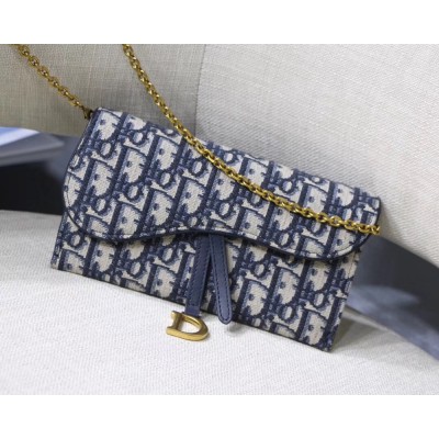 Dior Saddle Chain Wallet In Blue Oblique Canvas CDBS2787