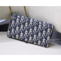 Dior Saddle Chain Wallet In Blue Oblique Canvas CDBS2787