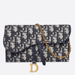 Dior Saddle Chain Wallet In Blue Oblique Canvas CDBS2787